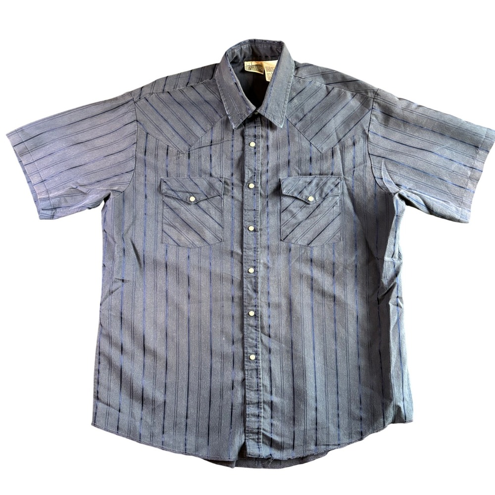 Men's Express Rider Short Sleeve Western Snap Shirt‎ Blue Stripe Size Large